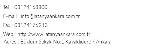 Latanya Hotel Ankara telefon numaralar, faks, e-mail, posta adresi ve iletiim bilgileri